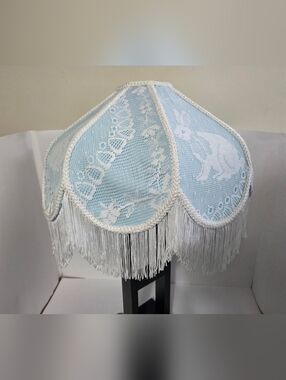 Vintage- Bunny And Lace Fringe Lamp Shade in Pale Blue and White
